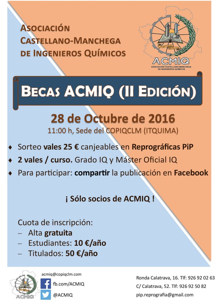 La Asociación Castellano-Manchega de Ingenieros Químicos presenta la II edición de Becas ACMIQ
